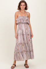 Beige Paisley Ruffle Tiered Shoulder Tie Maxi Dress