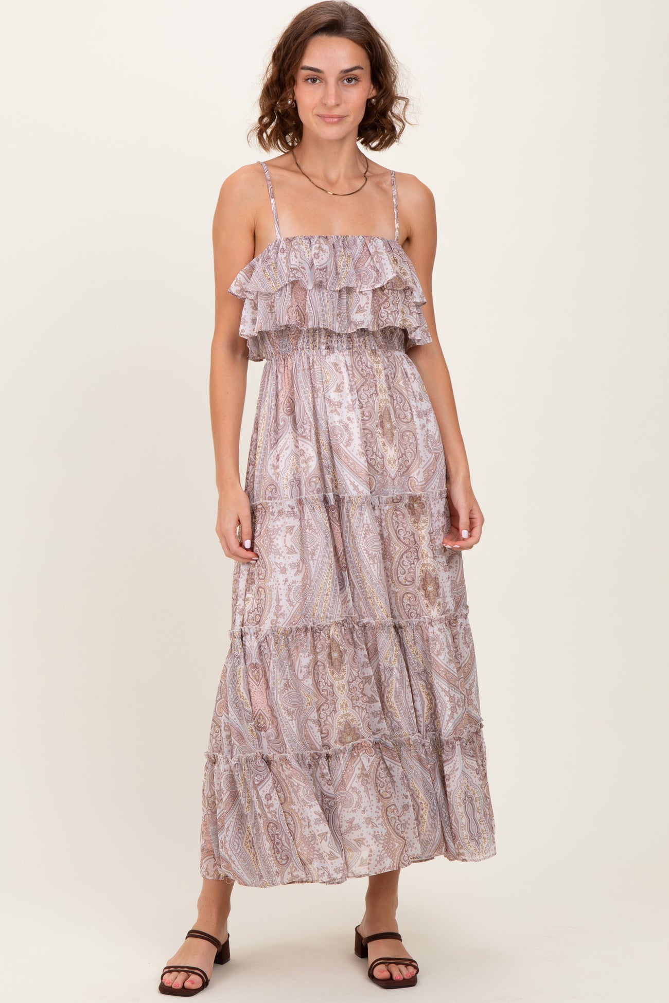 Beige Paisley Ruffle Tiered Shoulder Tie Maternity Maxi Dress