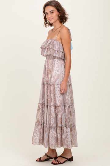Beige Paisley Ruffle Tiered Shoulder Tie Maxi Dress