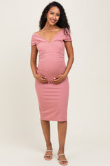 Pink Off Shoulder Fitted Maternity Midi Dress