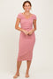 Pink Off Shoulder Fitted Midi Dress