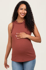 Dark Rust Rib Knit Ruffle Trim Sleeveless Maternity Top