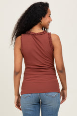 Dark Rust Rib Knit Ruffle Trim Sleeveless Maternity Top