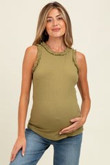 Light Olive Rib Knit Ruffle Trim Sleeveless Maternity Top