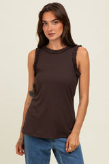 Brown Rib Knit Ruffle Trim Sleeveless Maternity Top