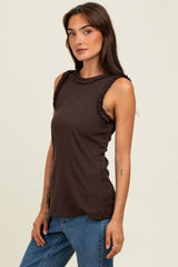 Brown Rib Knit Ruffle Trim Sleeveless Top