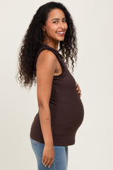 Brown Rib Knit Ruffle Trim Sleeveless Maternity Top