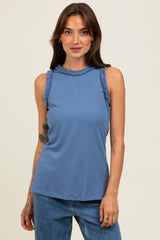 Blue Rib Knit Ruffle Trim Sleeveless Maternity Top