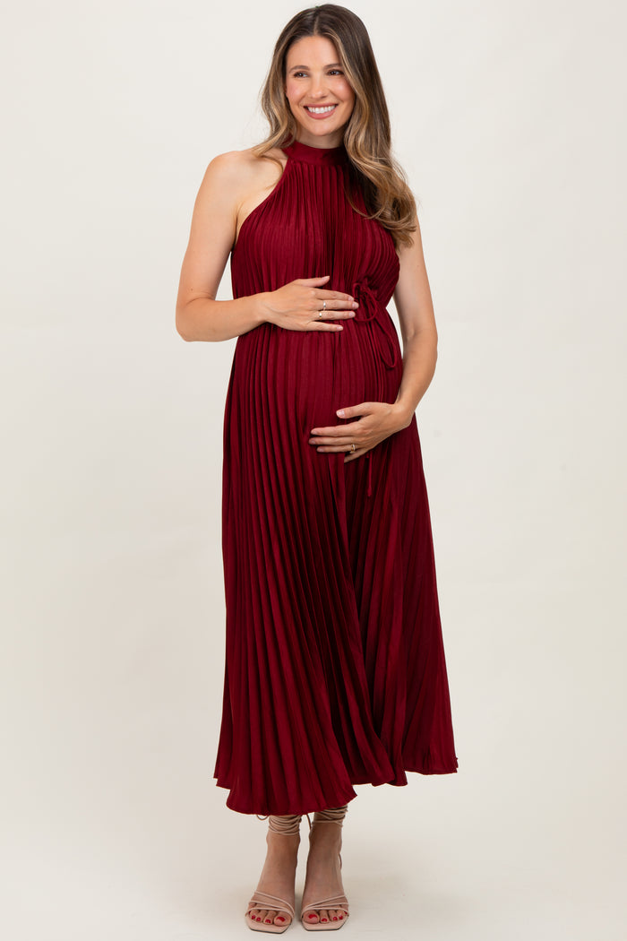 Burgundy Pleated Maternity Halter Dress