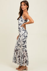 Grey Rose Floral Mesh Ruched Midi Dress