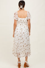 Ivory Floral Lace Overlay Puff Sleeve Midi Dress