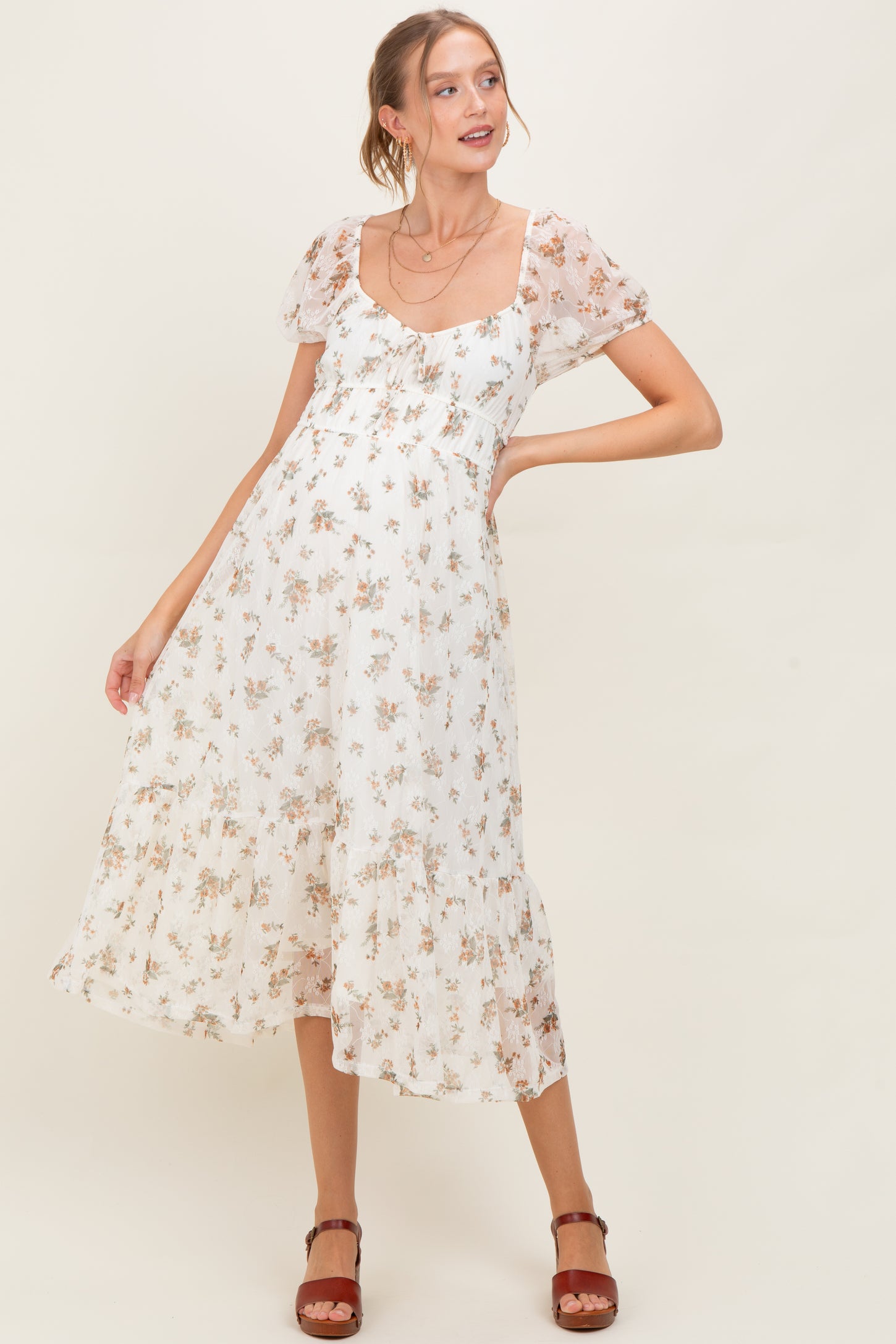 Ivory Floral Lace Overlay Puff Sleeve Maternity Midi Dress