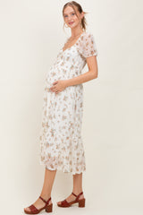 Ivory Floral Lace Overlay Puff Sleeve Maternity Midi Dress