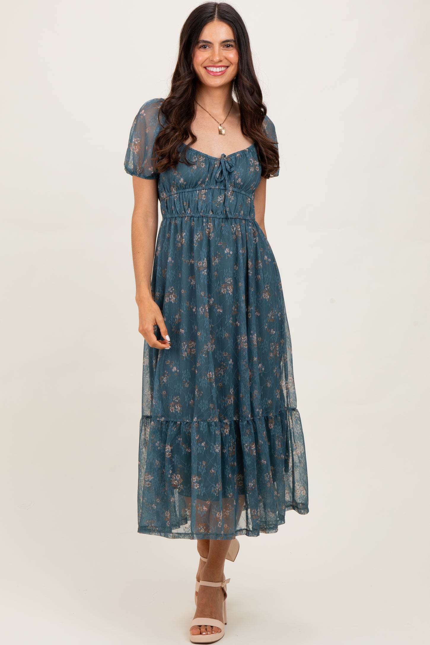 Deep Teal Floral Lace Overlay Puff Sleeve Midi Dress