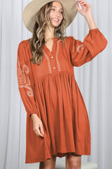 Rust Embroidered V-Neck Long Sleeve Dress