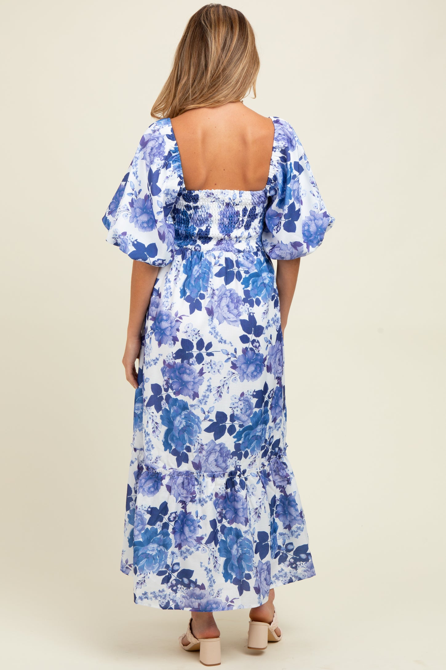 Blue Floral Square Neck Puffed Sleeve Maternity Maxi Dress