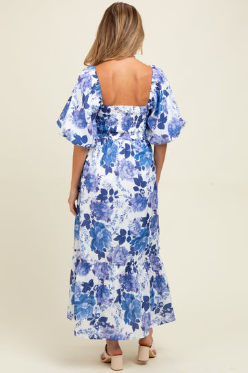 Blue Floral Square Neck Puffed Sleeve Maternity Maxi Dress