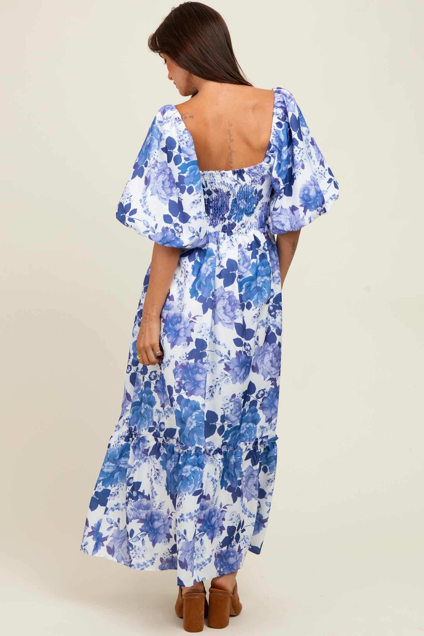 Blue Floral Square Neck Puffed Sleeve Maxi Dress