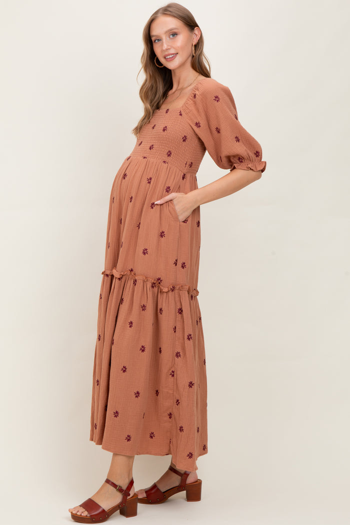 Rust Floral Smocked Puff Sleeve Maternity Maxi Dress