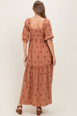 Rust Floral Smocked Puff Sleeve Maternity Maxi Dress