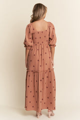 Rust Floral Smocked Puff Sleeve Maxi Dress
