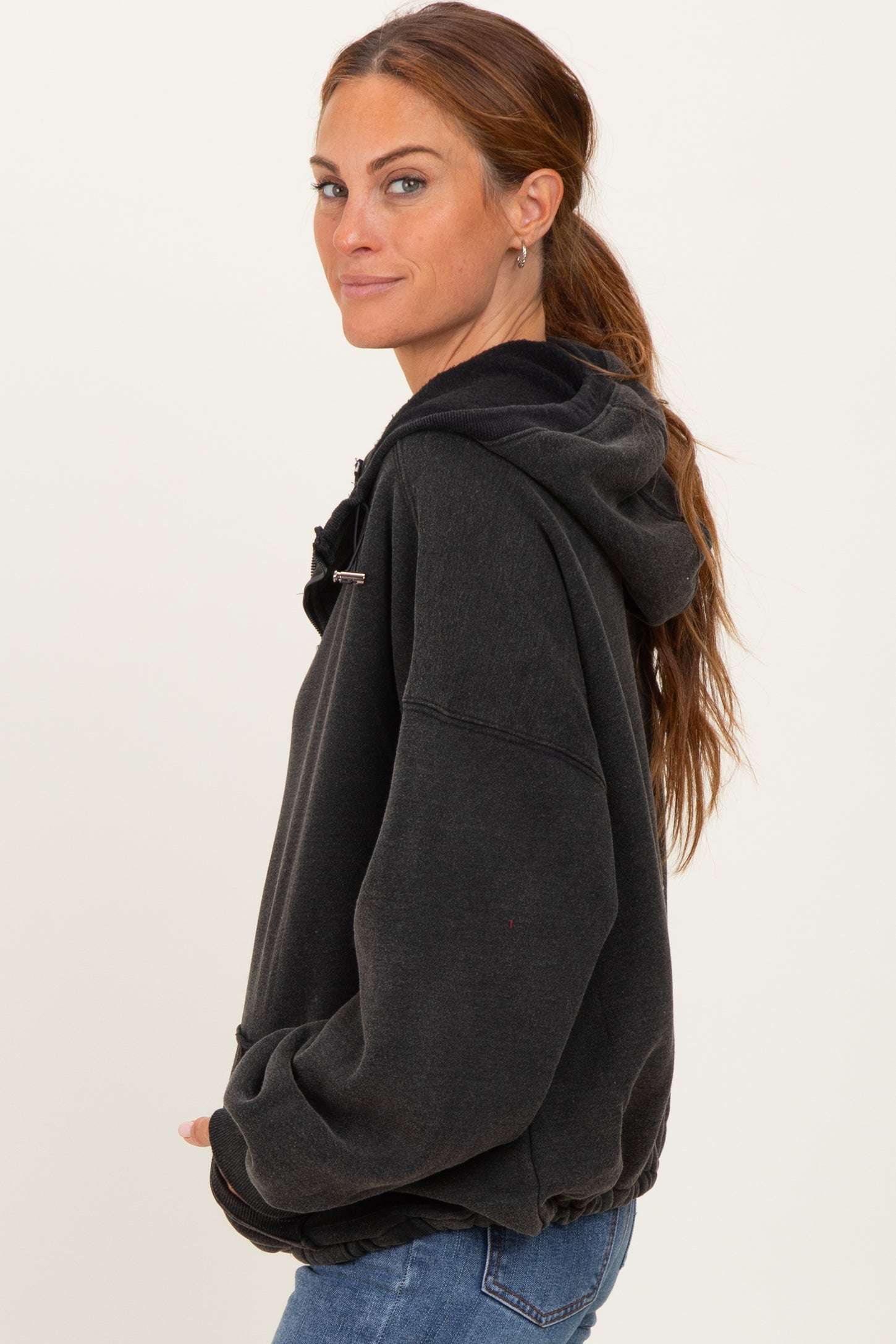 Black Fleece Half Zip Drop Shoulder Hoodie