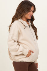 Cream Fleece Half Zip Drop Shoulder Maternity Hoodie