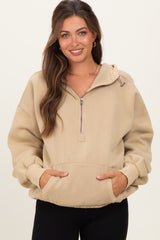 Light Taupe Fleece Half Zip Drop Shoulder Maternity Hoodie