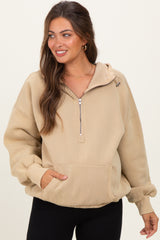Light Taupe Fleece Half Zip Drop Shoulder Maternity Hoodie