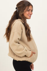 Light Taupe Fleece Half Zip Drop Shoulder Maternity Hoodie