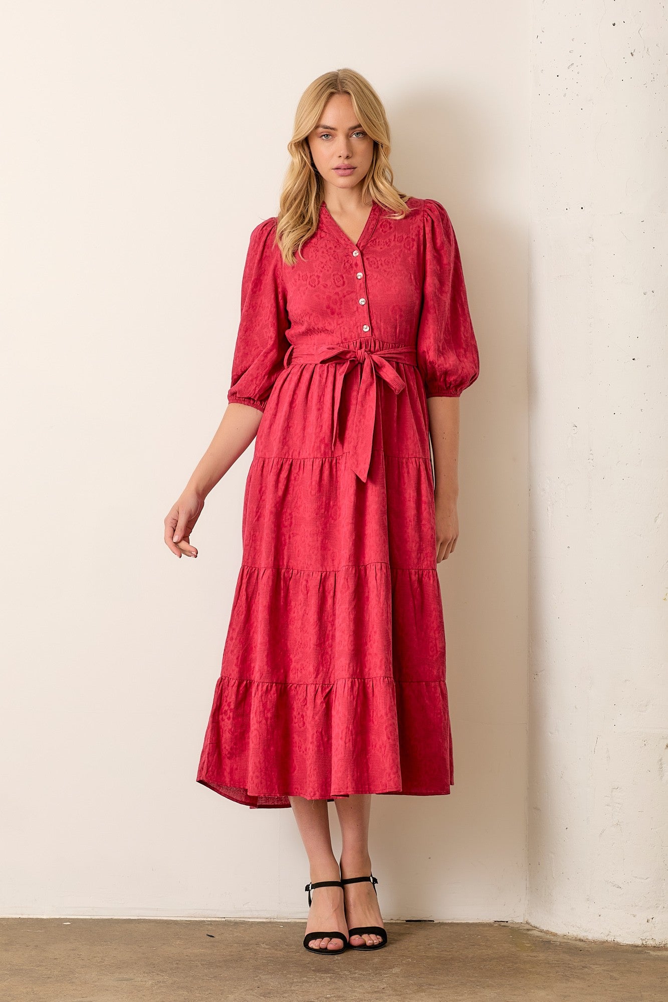 Burgundy Floral Jacquard Button Front Tiered Maternity Dress
