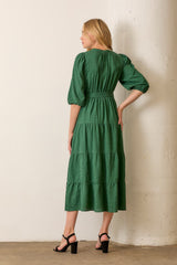 Forest Green Floral Jacquard Button Front Tiered Dress