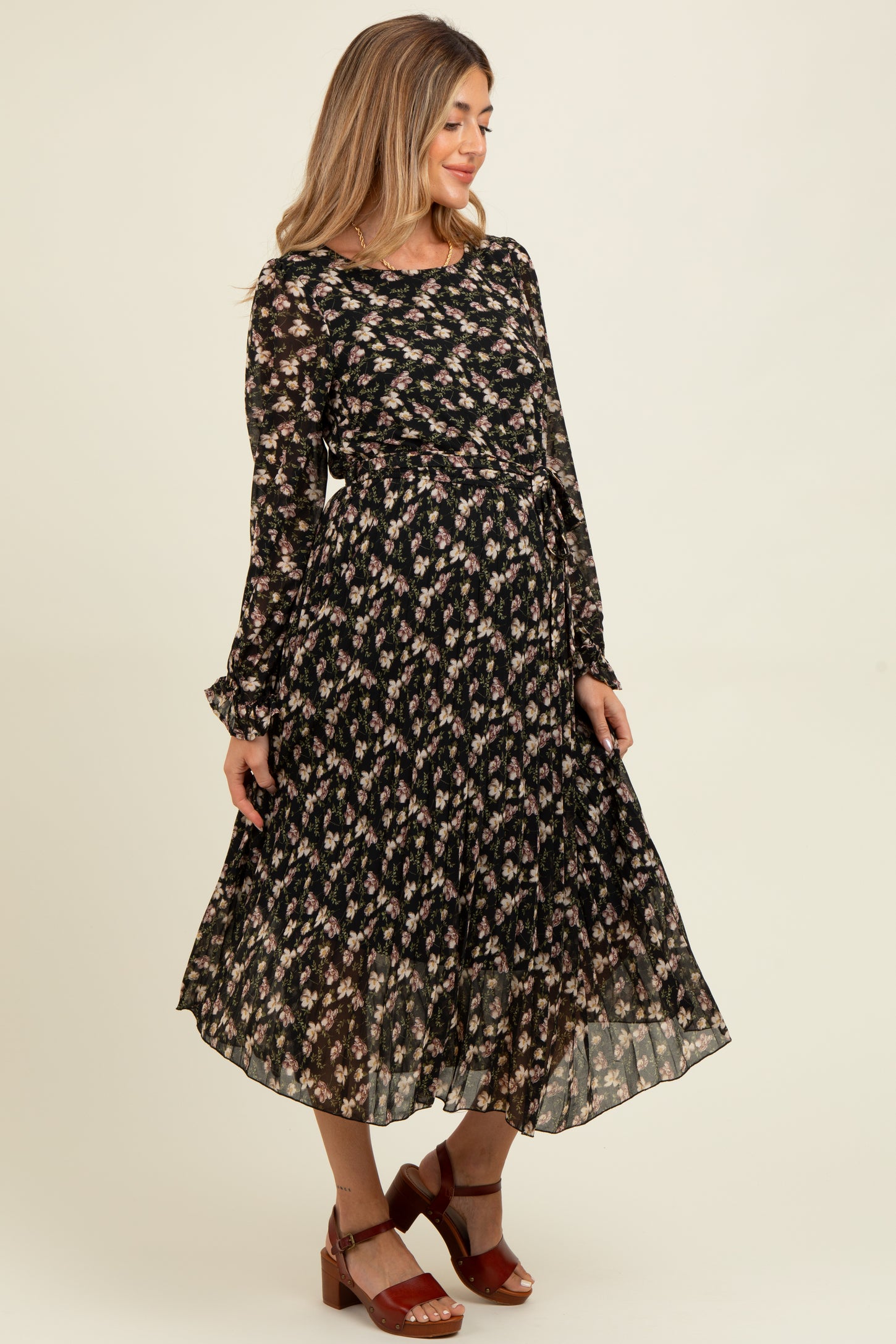 Black Floral Chiffon Long Sleeve Pleated Maternity Midi Dress