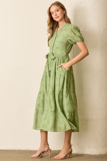 Green Floral Button Front Tiered Midi Dress