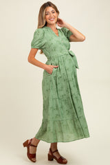 Green Floral Button Front Tiered Maternity Midi Dress