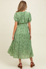 Green Floral Button Front Tiered Maternity Midi Dress