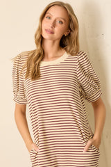 Burgundy Striped Puff Sleeve Midi T-Shirt Dress
