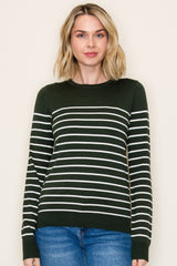 Forest Green Striped Knit Long Sleeve Top