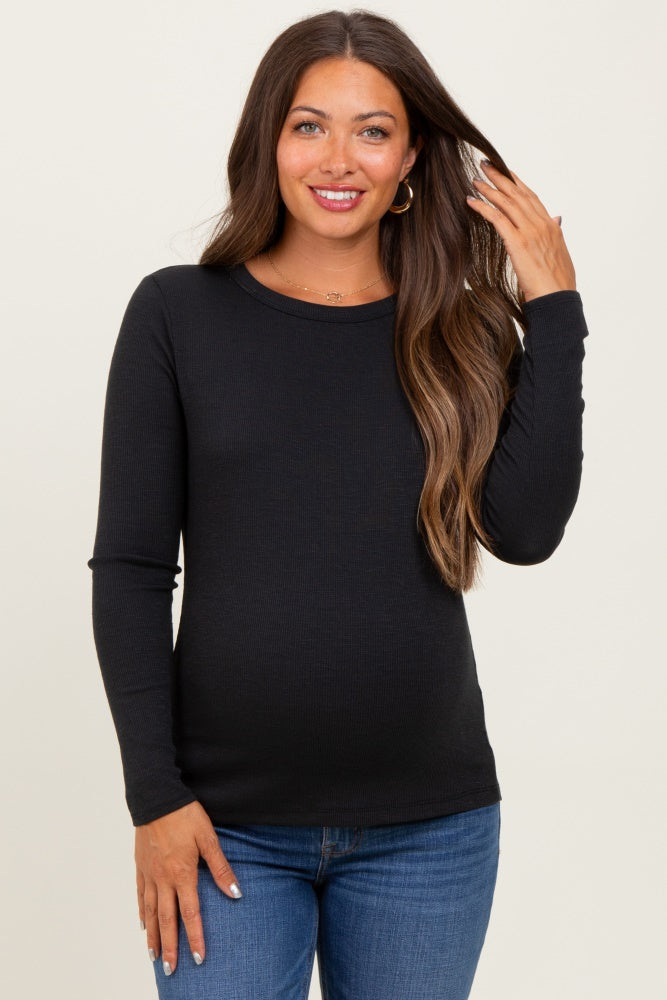 Black Ribbed Long Sleeve Maternity Top