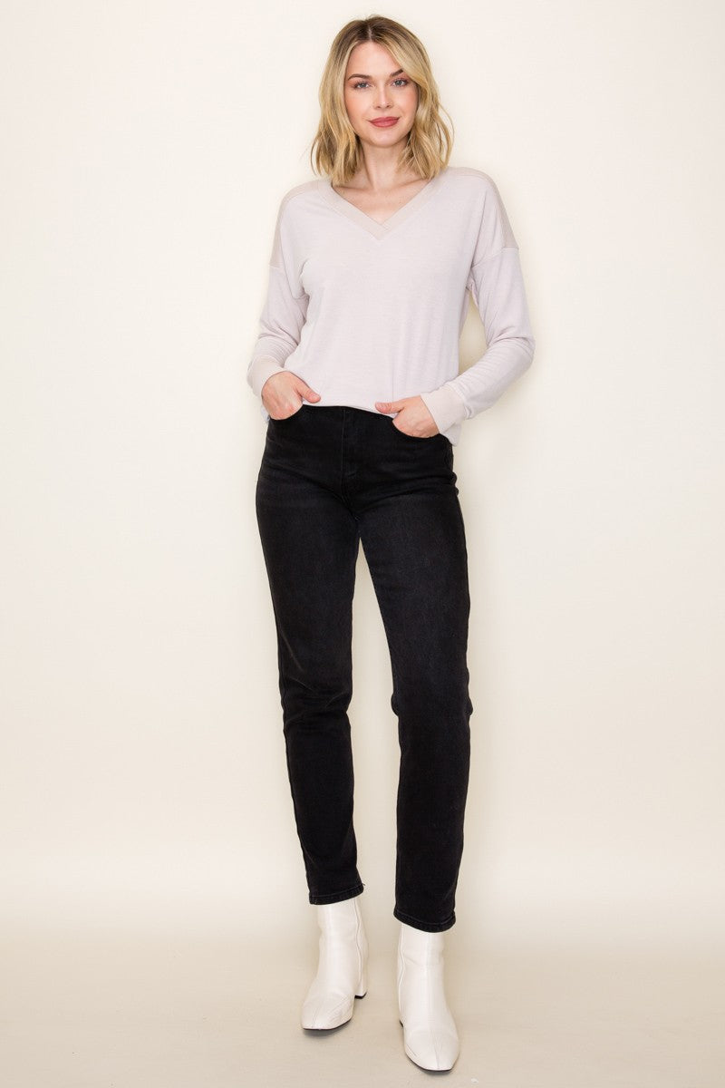 Cream V-Neck Knit Long Sleeve Top