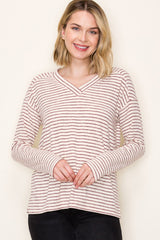 Burgundy Striped V-Neck Long Sleeve Top