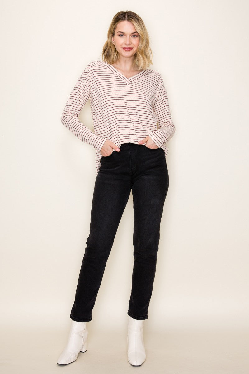 Burgundy Striped V-Neck Long Sleeve Top