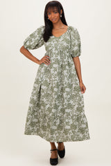 Green Floral V-Neck 3/4 Sleeve Midi Dress