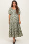 Olive Floral V-Neck 3/4 Sleeve Maternity Midi Dress