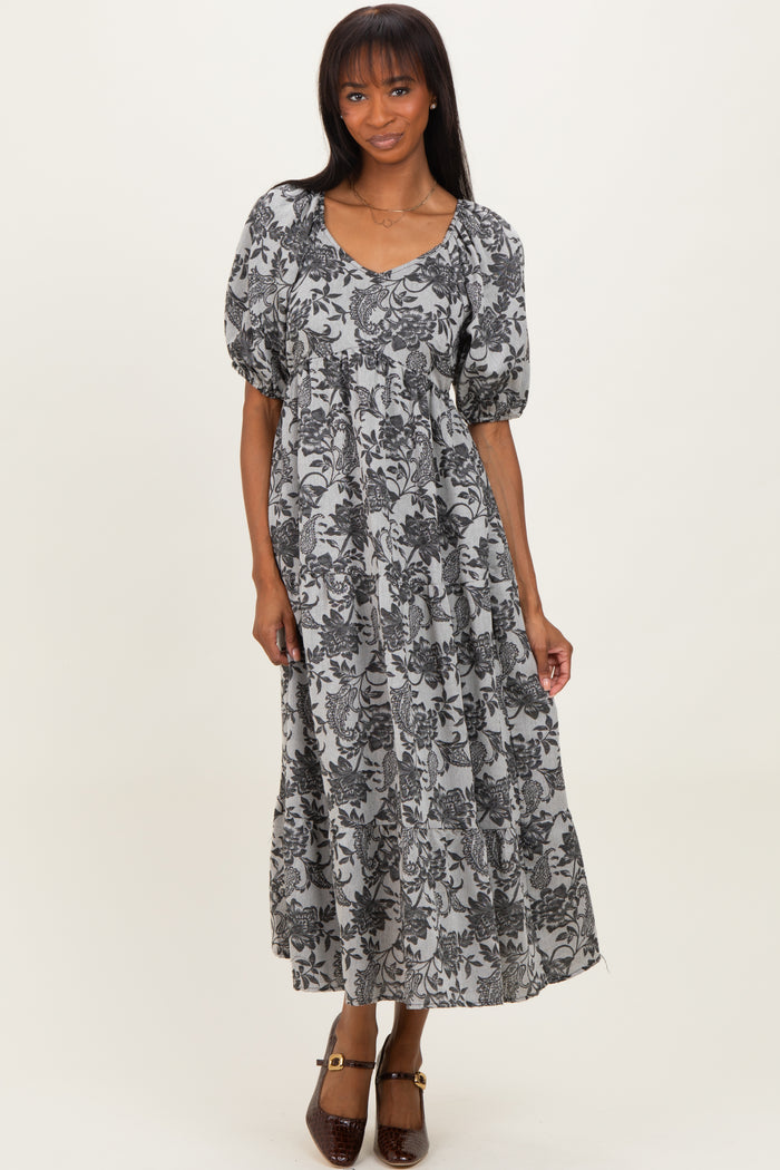 Black Floral V-Neck 3/4 Sleeve Maternity Midi Dress