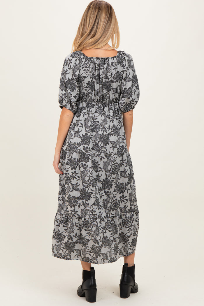 Black Floral V-Neck 3/4 Sleeve Maternity Midi Dress