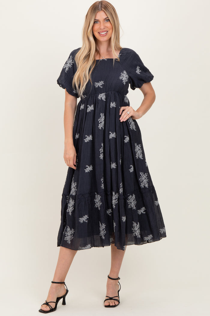 Navy Floral Embroidered Puff Sleeve Maternity Midi Dress