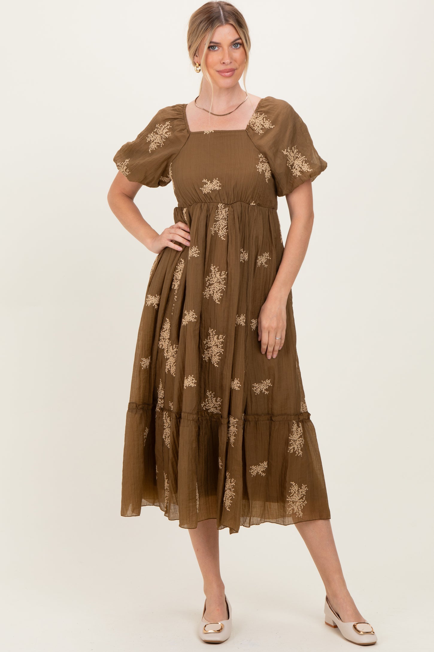 Mocha Floral Embroidered Puff Sleeve Midi Dress