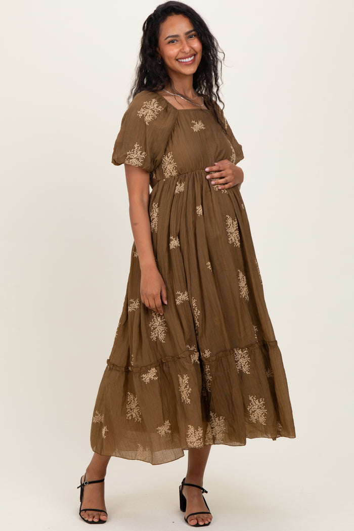 Mocha Floral Embroidered Puff Sleeve Maternity Midi Dress