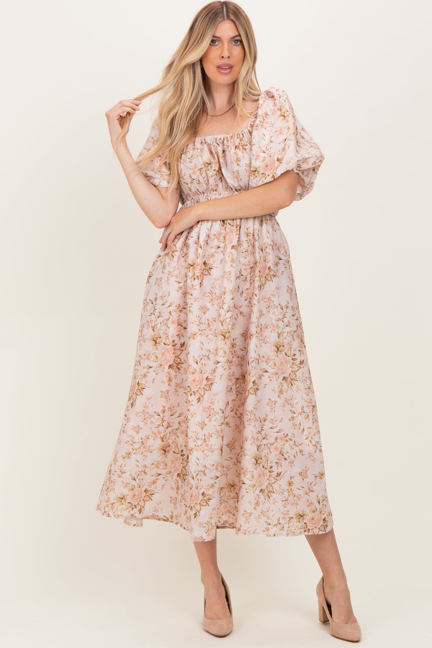 Beige Floral Puff Sleeve Midi Dress